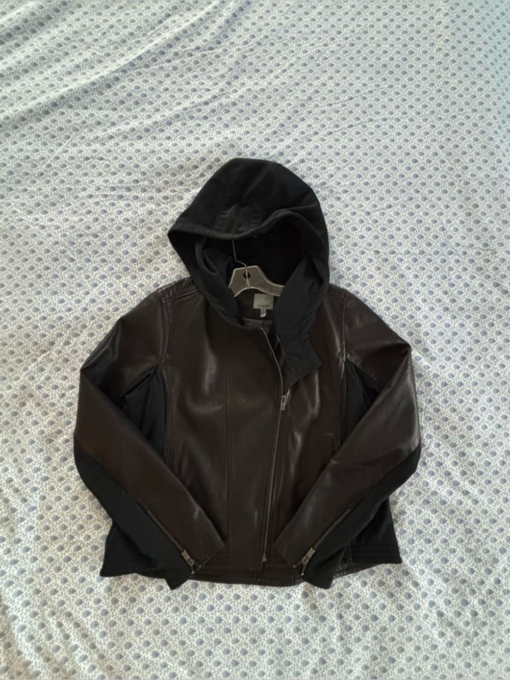 Athleta Black Leather Asym Zip Motorcycle Hoodie Jacket Size XL